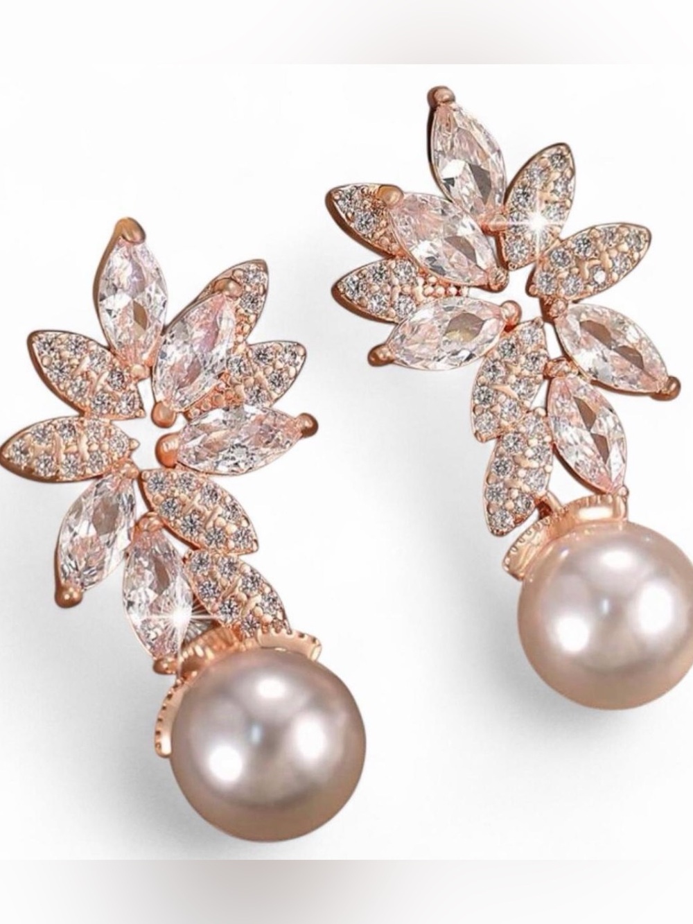 Pearl CZ Leaf Drop Earrings Rose Gold Tone Bridal Statement Earrings